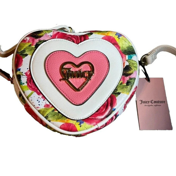 Juicy Couture Logo Floral Print Heart Shaped Faux Leather Zip Closure Crossbody - Picture 2 of 7